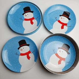 🍒 Set of 4 Jolly Christmas Snowman Dessert Plates Holiday Festive Blue